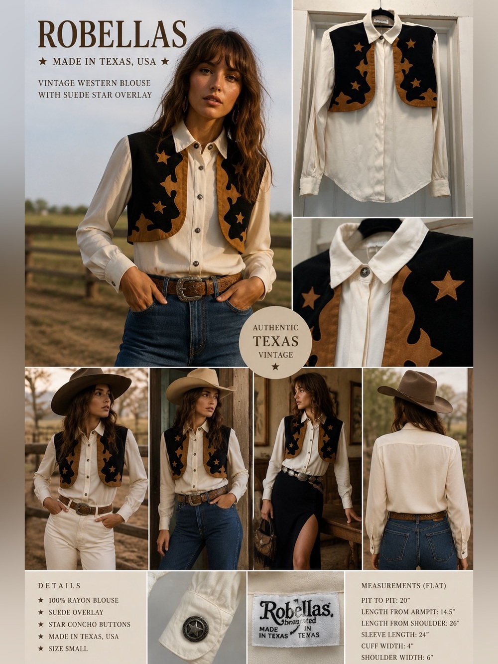 Vintage Robellas Texas Western Cowgirl Blouse with Suede Star Overlay